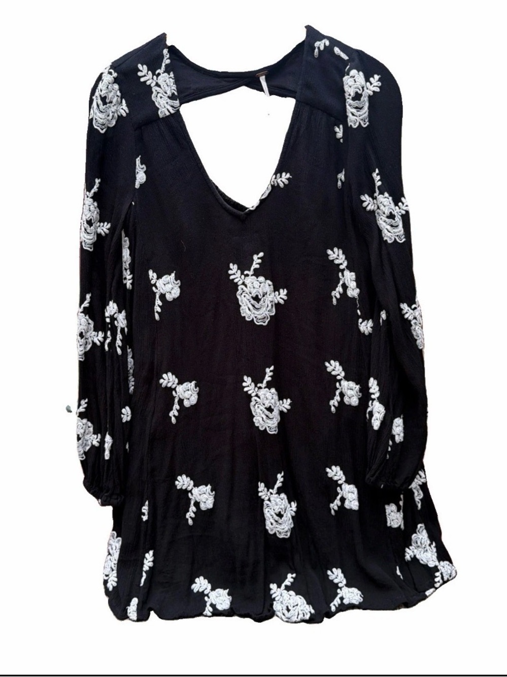 Free People Dress Women XS Black White Embroidered Floral Flowy Boho Mini